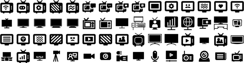 Set Of Television Icons Isolated Silhouette Solid Icon With Tv, Screen, Technology, Television, Display, Video, Movie Infographic Simple Vector Illustration Logo