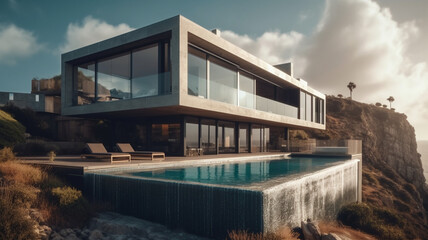 Obraz na płótnie Canvas Modern flat roof house and panoramic windows, with a pool by the sea. Palm trees in the background. 3D visualization of the house