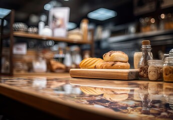 Wooden table with blurred background of cafe and bakery shop. Generative Ai.