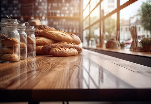 Wooden table with blurred background of cafe and bakery shop. Generative Ai.