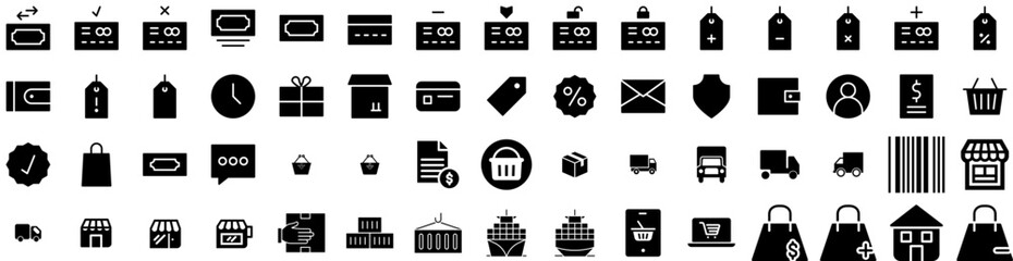 Set Of Commerce Icons Isolated Silhouette Solid Icon With Retail, Store, Online, Web, Business, Technology, Internet Infographic Simple Vector Illustration Logo