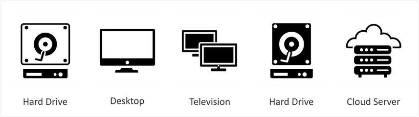 A set of 5 Mix icons as hard drive, desktop, television