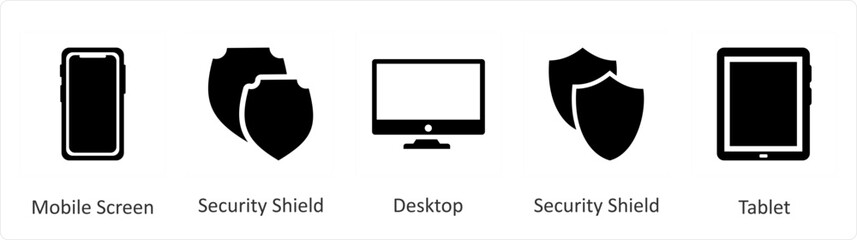 A set of 5 Mix icons as mobile screen, security shield, desktop