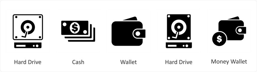 A set of 5 Mix icons as hard drive, cash, wallet