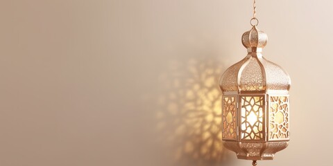 Fototapeta na wymiar celebration of islamic eid mubarak and eid al adha lantern in a light background copy space, Generative AI