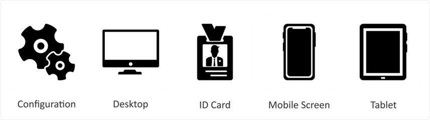 A set of 5 Mix icons as configuration, desktop, id card