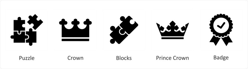 A set of 5 Mix icons as puzzle, crown, blocks 