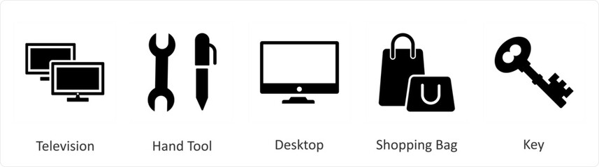 A set of 5 Mix icons as television, hand tool, desktop