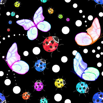 Bright summer watercolor seamless pattern with ladybugs and butterflies. Neon colors and polka dot for fabric and wallpaper. Trend print 2023. Modern design with beetles.