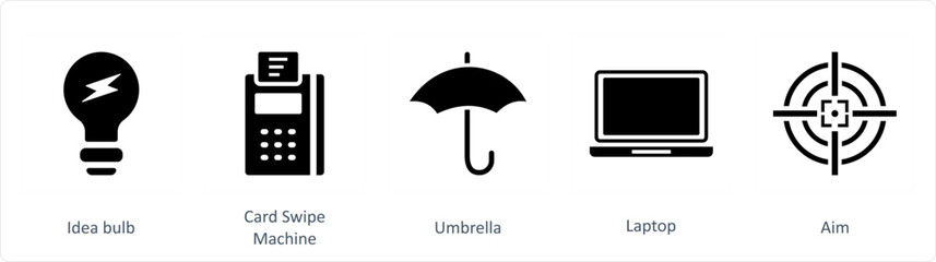 A set of 5 Business icons as idea bulb, card swipe machine, umbrella