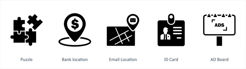 A set of 5 Business icons as puzzle, bank location, email location