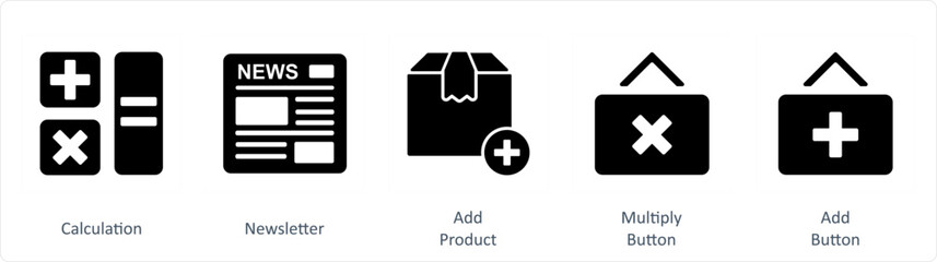 A set of 5 Business icons as calculation, newsletter, add product