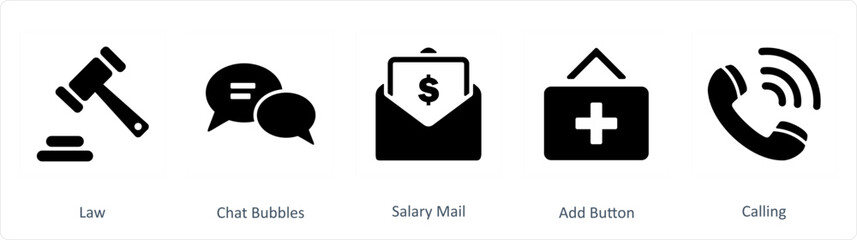 A set of 5 Business icons as law, chat bubbles, salary mail