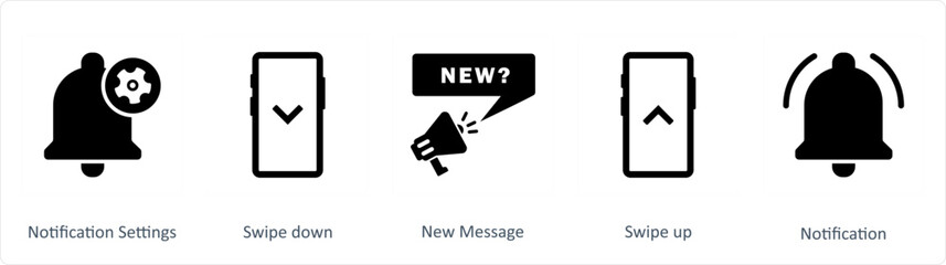 A set of 5 Business icons as notification settings, swipe down, new message