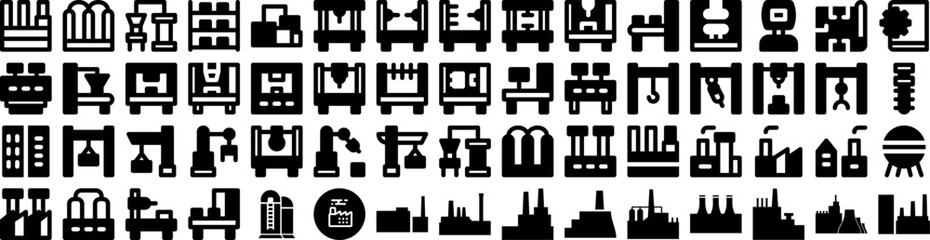 Set Of Industry Icons Isolated Silhouette Solid Icon With Production, Technology, Factory, Manufacturing, Industry, Business, Industrial Infographic Simple Vector Illustration Logo
