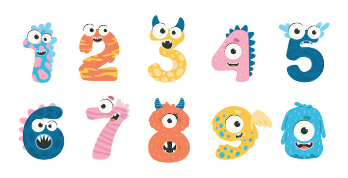 Cute monster numbers set. Fictional characters, fairy tale. Imagination and fantasy. Demon and mutant, monster. Decorative birthday candles. Cartoon flat vector collection isolated on white background