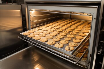 commercial oven with plate of freshly baked cookies, ready to be taken out and served, created with generative ai