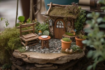 Fototapeta na wymiar a fairy garden with whimsical plants, miniature furniture and a wishing well, created with generative ai