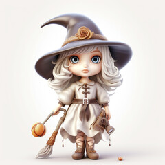 Character girl, little witch on a white isolated background, 3d, Halloween. Art. Generative AI