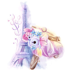 Eiffel tower with magnolias, spring clipart. Romantic vintage scooter. French tourism, attractions. Watercolor illustration, sketch for the design of invitations, cards, posters, travel agencies