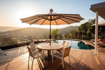 Obraz premium Luxury villa show home at tropical summer holiday resort with swimming pool and sun chairs in garden. Generative Ai.