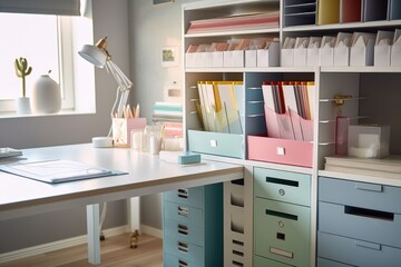home office with color-coded filing system, paper and pens in place, and clean desk, created with generative ai