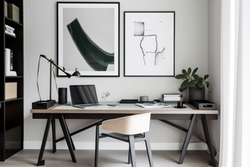 minimalist home office with sleek desk, tasteful decor and inspirational artwork, created with generative ai