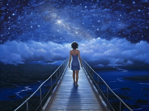 Woman who is walking on the bridge looking at blue starry sky-Generative AI