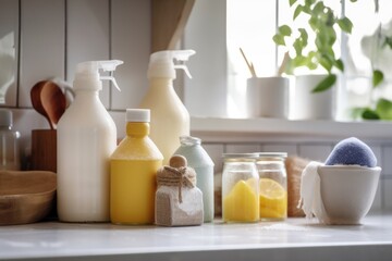 homemade cleaning products on a shelf with other household necessities, created with generative ai