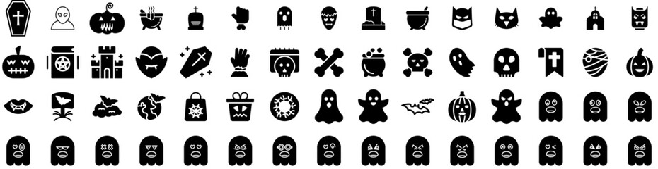 Set Of Halloween Icons Isolated Silhouette Solid Icon With Spooky, Horror, Holiday, Halloween, Pumpkin, Vector, Background Infographic Simple Vector Illustration Logo