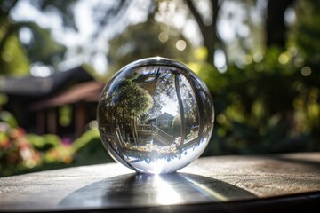 close-up of crystal ball with view of garden in the background, created with generative ai