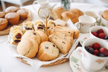 a tray of tea sandwiches, scones and muffins on a white tablecloth, created with generative ai