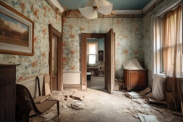 a room in transition, with old wallpaper peeling away to reveal fresh new surfaces, created with generative ai