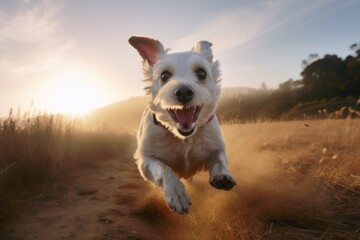 portrait of happy dog running at sunrise, with wispy clouds in the sky, created with generative ai