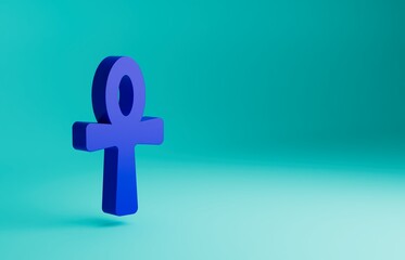 Blue Cross ankh icon isolated on blue background. Egyptian word for life or symbol of immortality. Minimalism concept. 3D render illustration