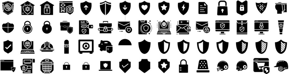 Set Of Protect Icons Isolated Silhouette Solid Icon With Protect, Technology, Secure, Safety, Protection, Shield, Concept Infographic Simple Vector Illustration Logo