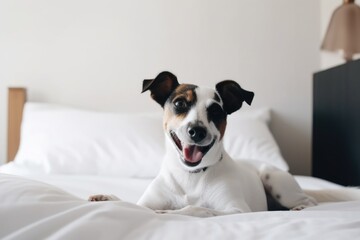 portrait of happy dog, lying on bed with head turned to side, smiling, created with generative ai