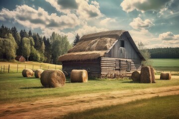 Fototapeta na wymiar rural background with old wooden barn and bales of hay, created with generative ai