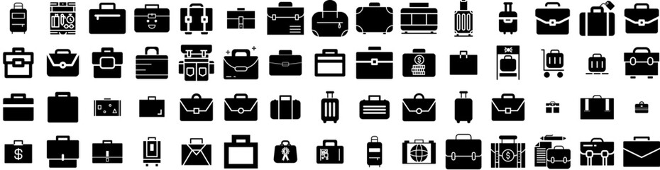 Set Of Suitcase Icons Isolated Silhouette Solid Icon With Baggage, Travel, Suitcase, Luggage, Tourism, Journey, Vacation Infographic Simple Vector Illustration Logo
