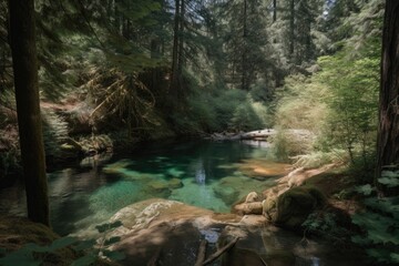 swimming hole in the midst of a forest, surrounded by tall trees, created with generative ai