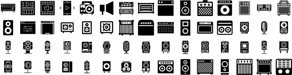 Set Of Amplifier Icons Isolated Silhouette Solid Icon With Volume, Music, Loud, Sound, Speaker, Equipment, Amplifier Infographic Simple Vector Illustration Logo - obrazy, fototapety, plakaty