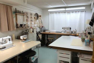 sewing room filled with projects in various stages of completion, created with generative ai