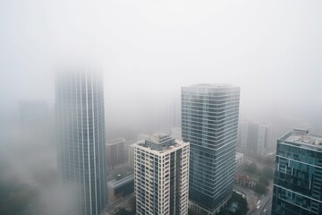 Obraz na płótnie Canvas high-rise buildings, modern architecture and towering skylines on a misty morning, created with generative ai