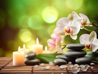 Fototapeta na wymiar Spa therapy background with essential candle and flower
