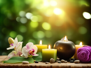 Obraz na płótnie Canvas Spa therapy background with essential candle and flower
