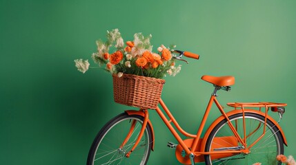 Retro orange bicycle with flowers in basket against pastel green background. Creative flower delivery concept. Florist or summer  bloom banner with copy space. Ai generated 