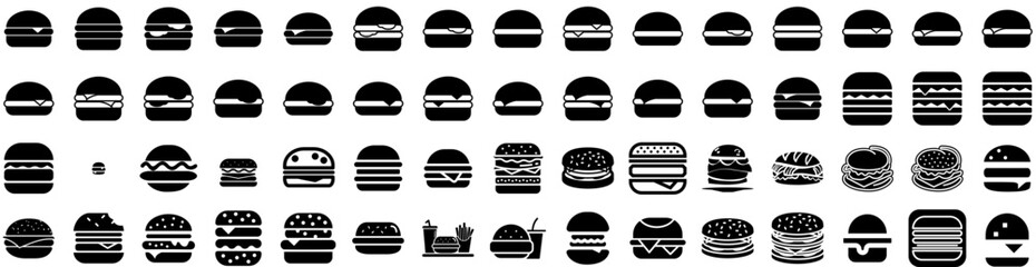 Set Of Cheeseburger Icons Isolated Silhouette Solid Icon With Meat, Beef, Burger, Hamburger, Cheeseburger, Cheese, Sandwich Infographic Simple Vector Illustration Logo