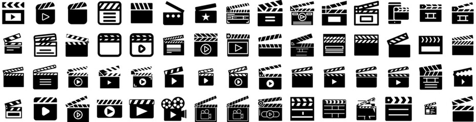 Set Of Clapperboard Icons Isolated Silhouette Solid Icon With Cinema, Film, Director, Movie, Clapper, Production, Cinematography Infographic Simple Vector Illustration Logo - obrazy, fototapety, plakaty