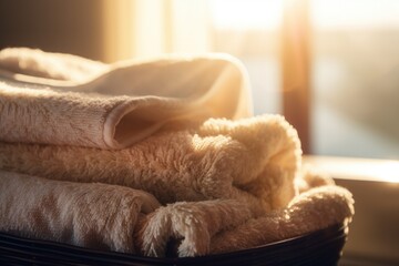 close-up of warm and fluffy towels, with the sun shining behind them, created with generative ai