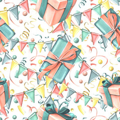 Gift boxes with ribbons, bows, confetti and garland of flags in coral and turquoise colors on a white background. Watercolor illustration, hand drawn. Seamless pattern for congratulations